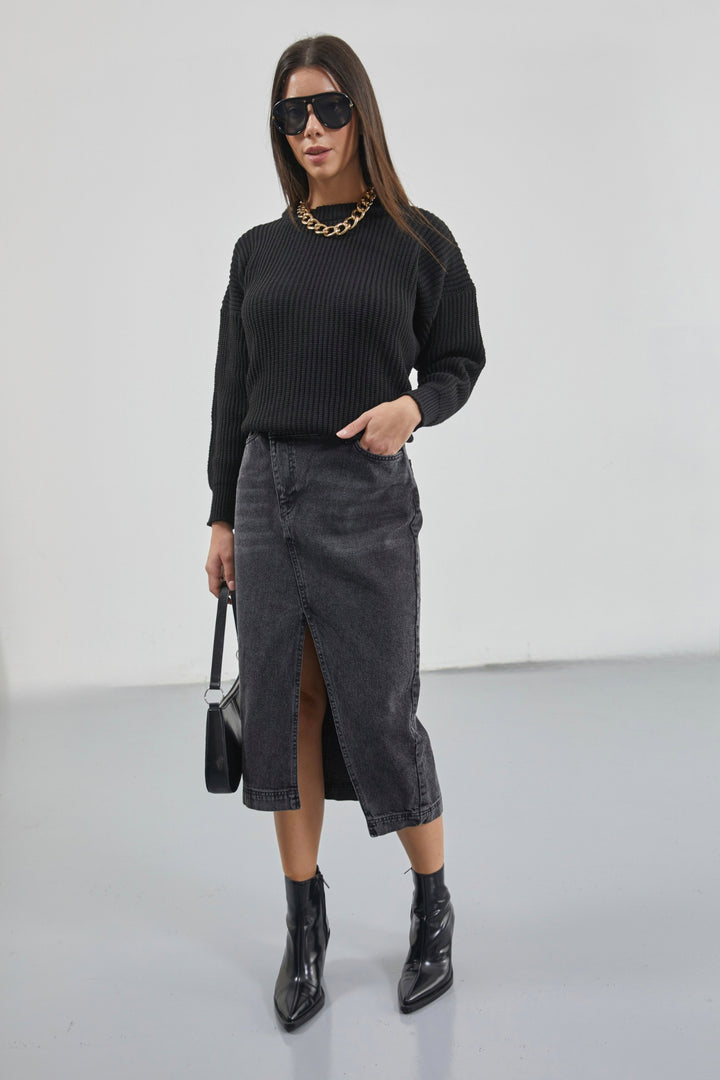 Slit Detail Denim Midi Black Skirt