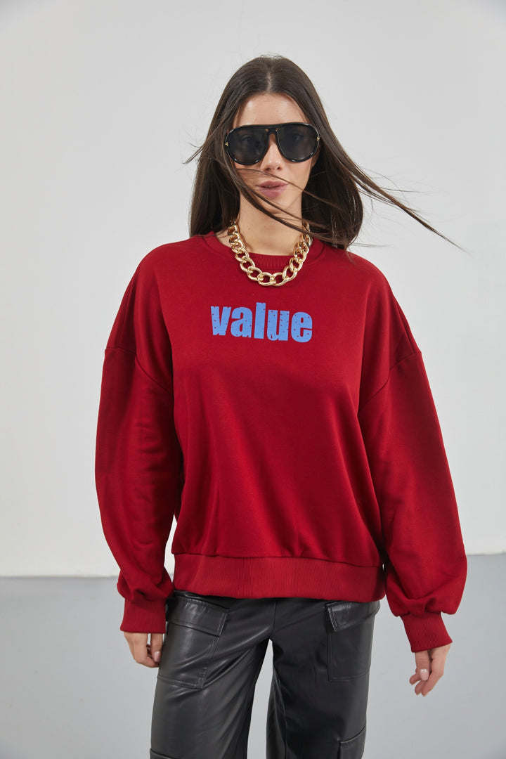 Printed Zero Collar Oversize Claret Red Sweatshirt 