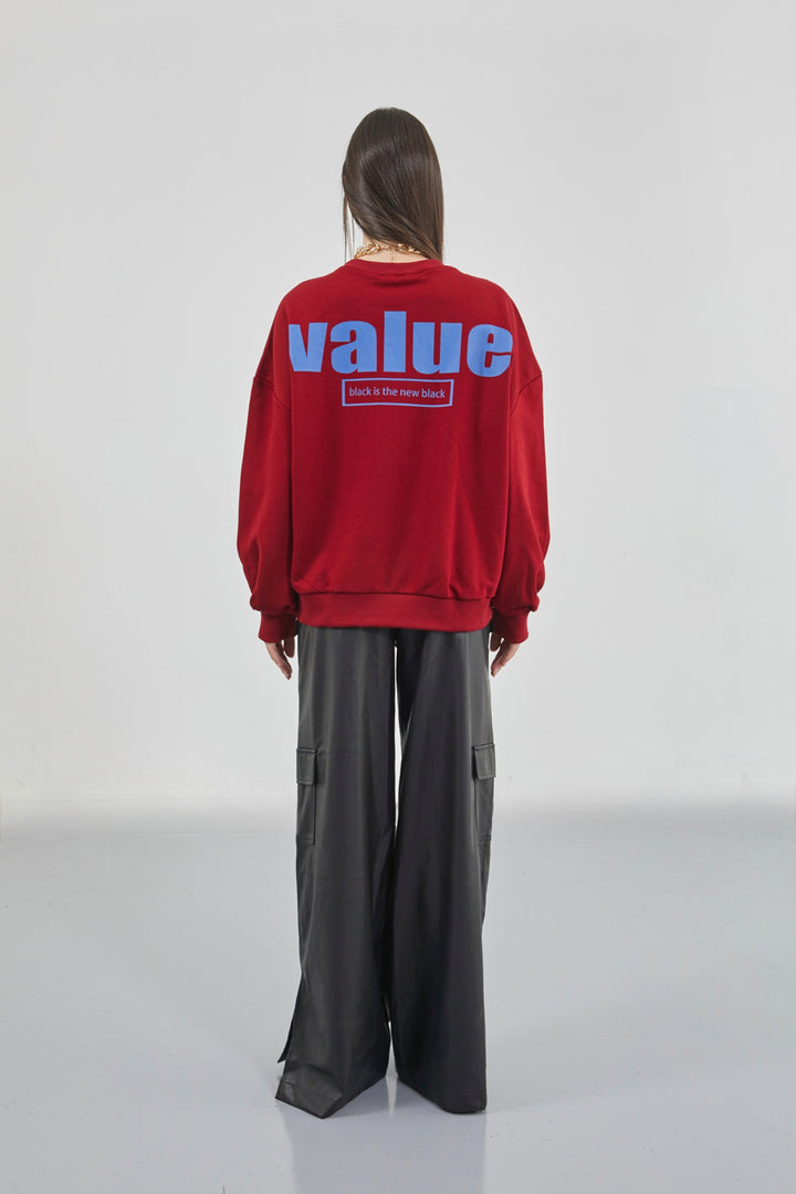 Printed Zero Collar Oversize Claret Red Sweatshirt 