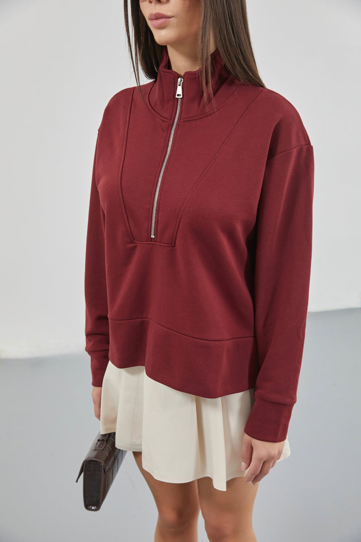 Burgundy Sweatshirt with Zipper and Stitching Details 