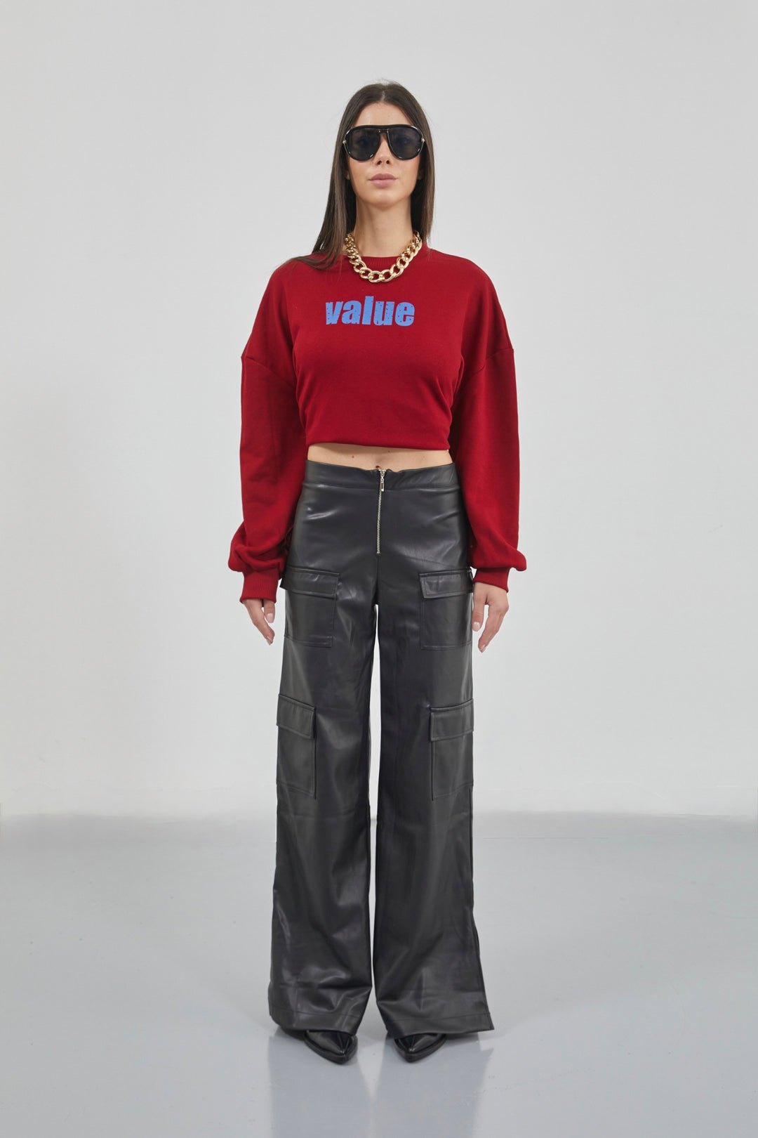 Printed Zero Collar Oversize Claret Red Sweatshirt 