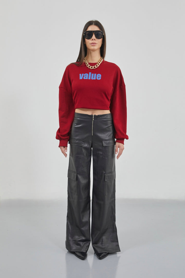 Printed Zero Collar Oversize Claret Red Sweatshirt 