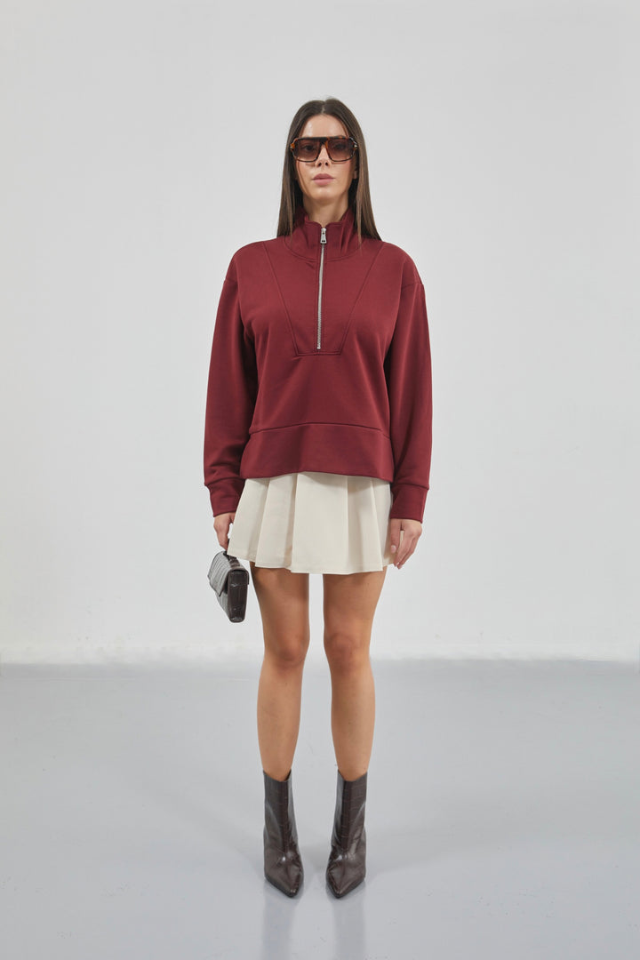Burgundy Sweatshirt with Zipper and Stitching Details 