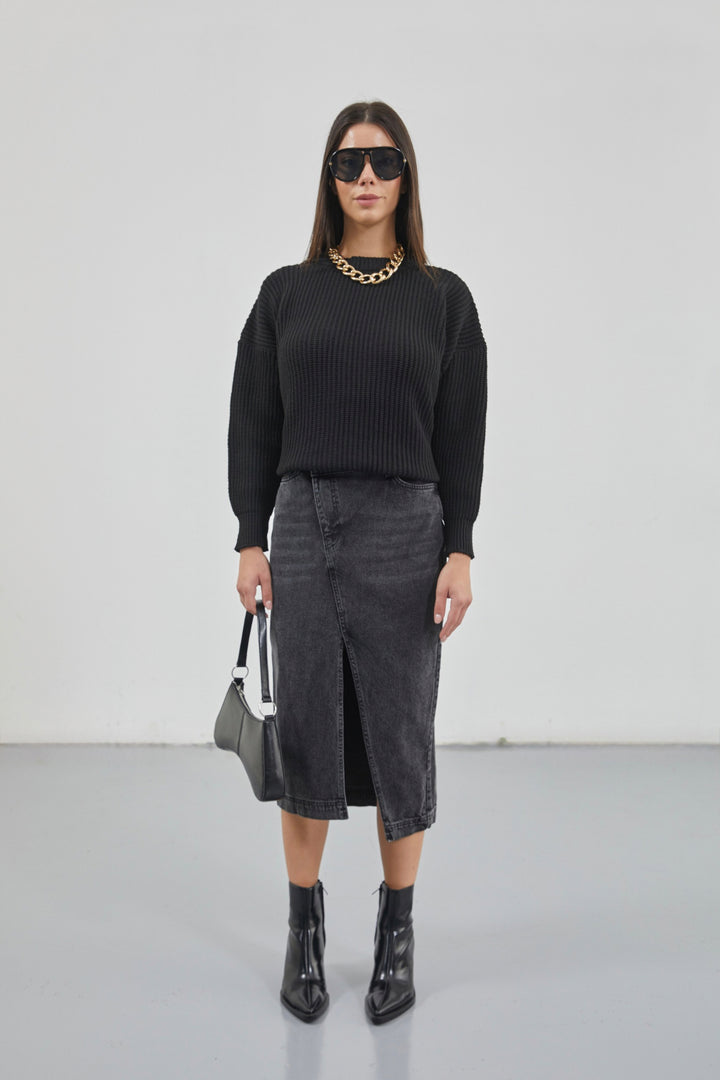 Slit Detail Denim Midi Black Skirt