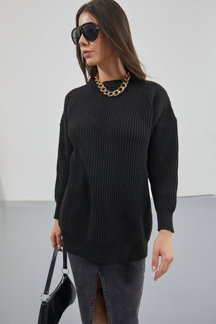 Slit Detail Denim Midi Black Skirt