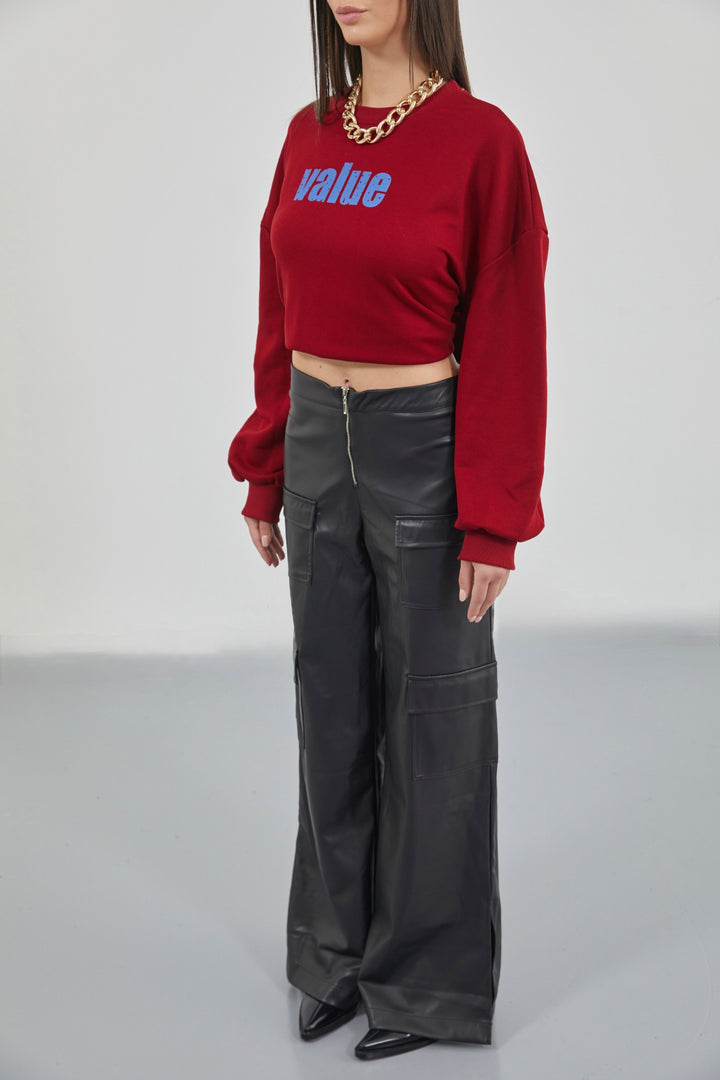 Printed Zero Collar Oversize Claret Red Sweatshirt 