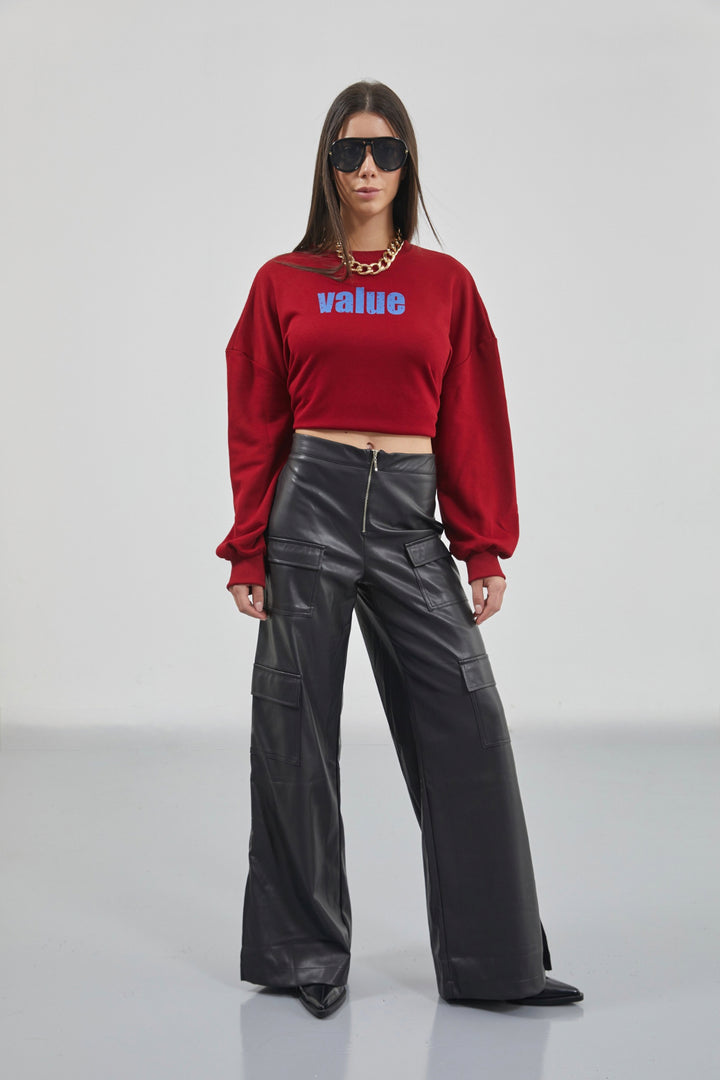 Printed Zero Collar Oversize Claret Red Sweatshirt 