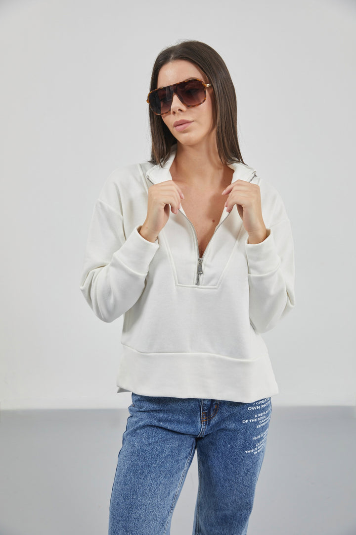 Zipper and Stitch Detailed Ecru Sweatshirt 