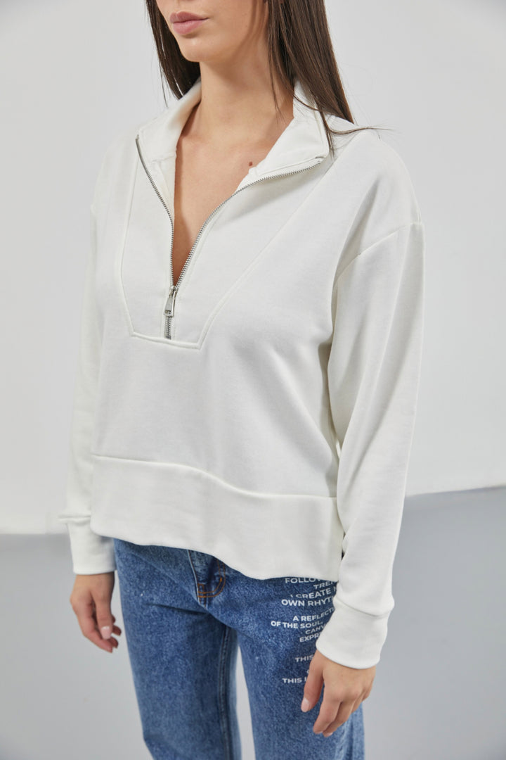 Zipper and Stitch Detailed Ecru Sweatshirt 