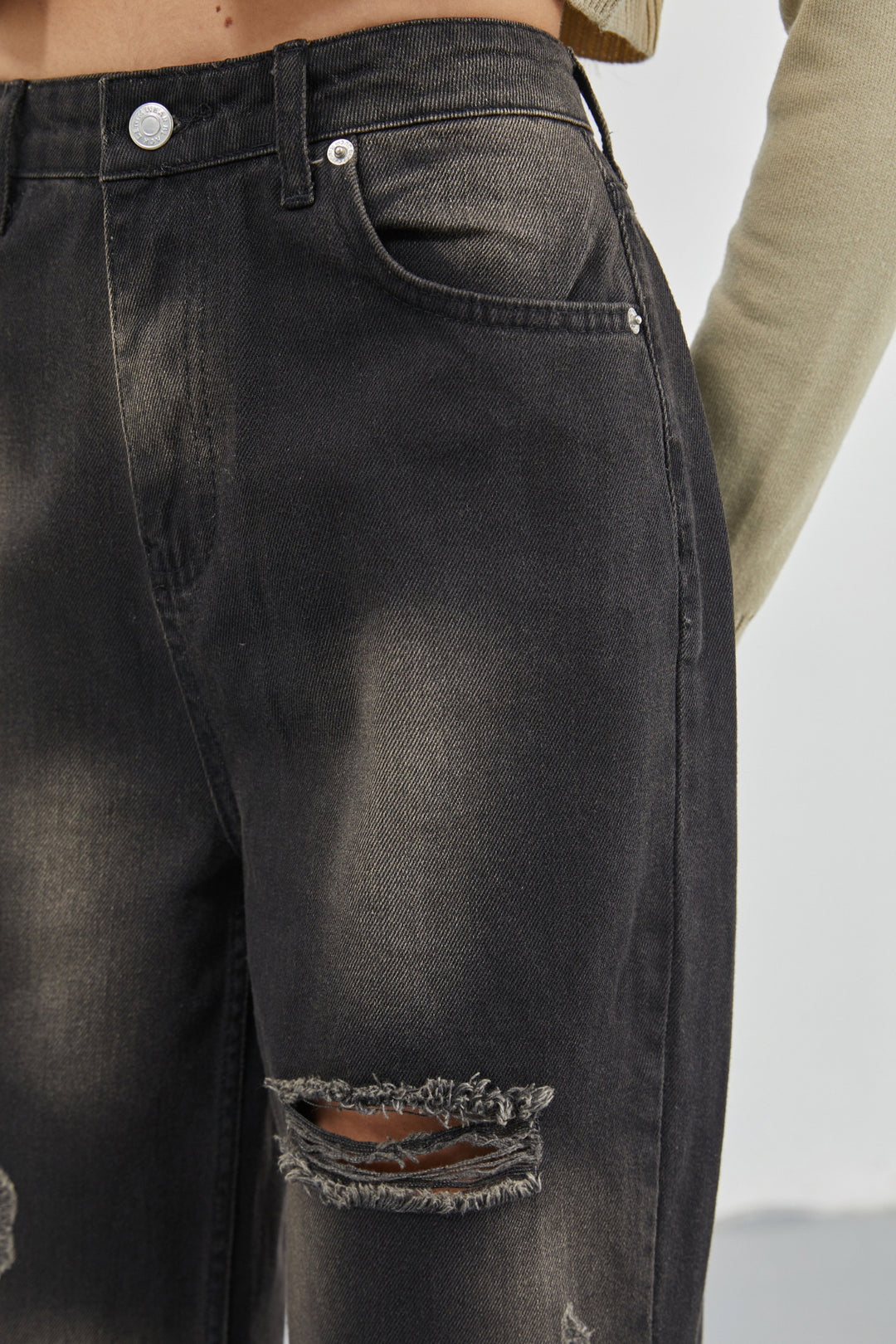 Laser Cut Wide Leg High Waist Black Jeans 