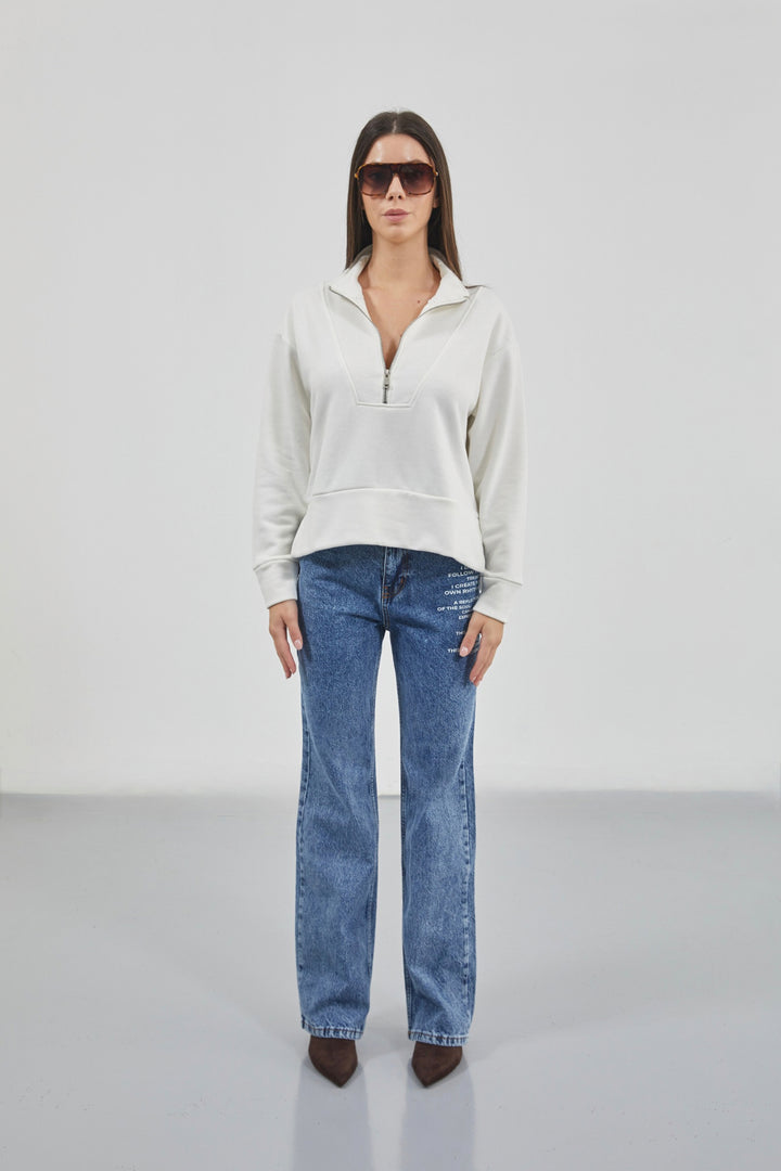 Zipper and Stitch Detailed Ecru Sweatshirt 