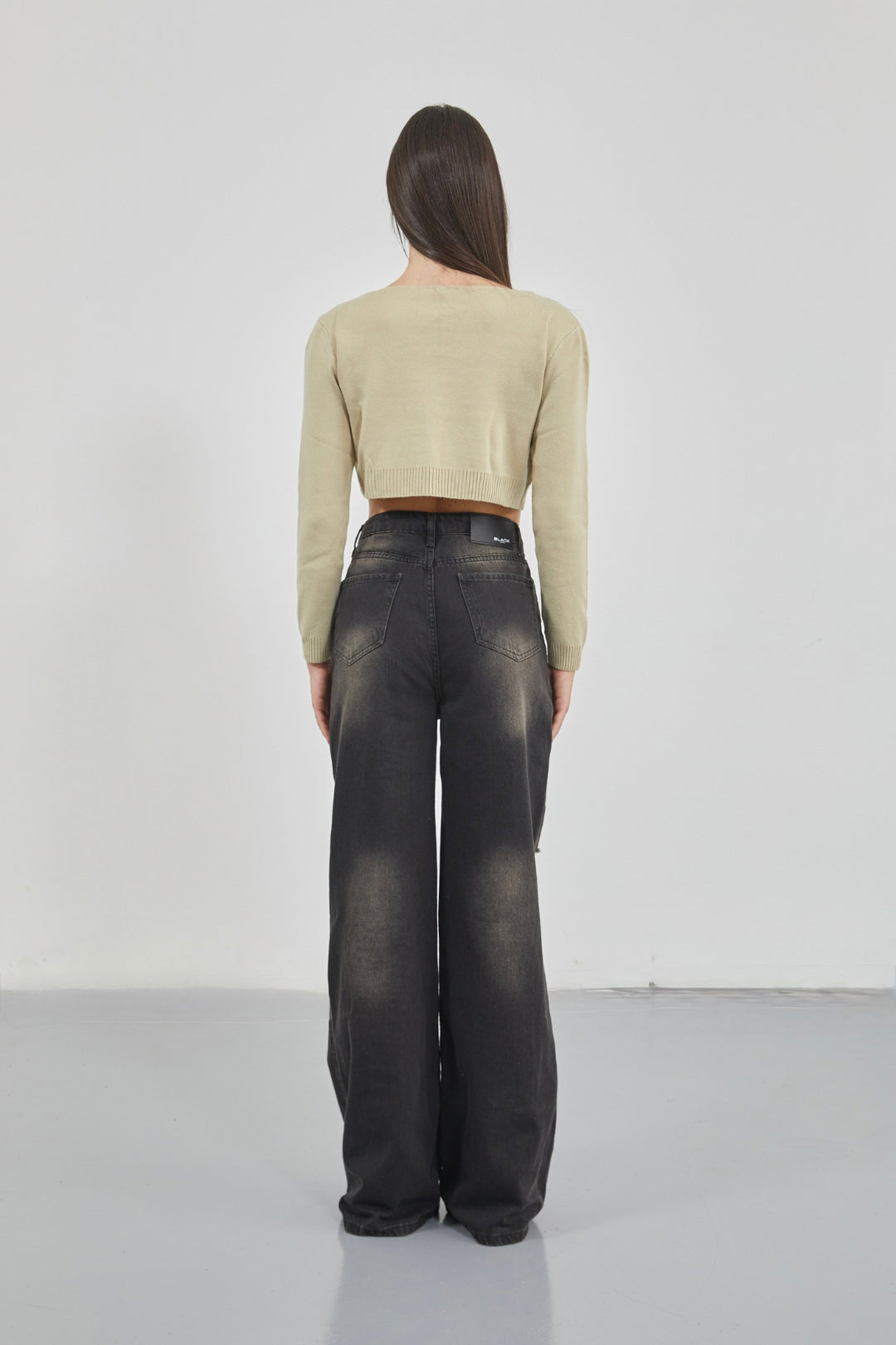 Laser Cut Wide Leg High Waist Black Jeans 