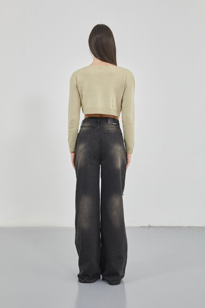 Laser Cut Wide Leg High Waist Black Jeans 