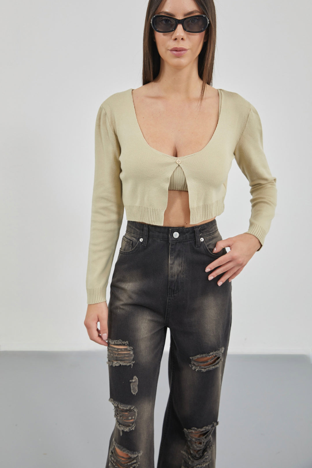 Laser Cut Wide Leg High Waist Black Jeans 