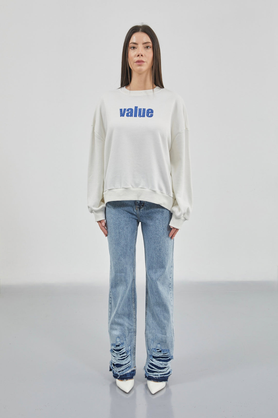 Printed Crew Neck Oversize Ecru Sweatshirt 