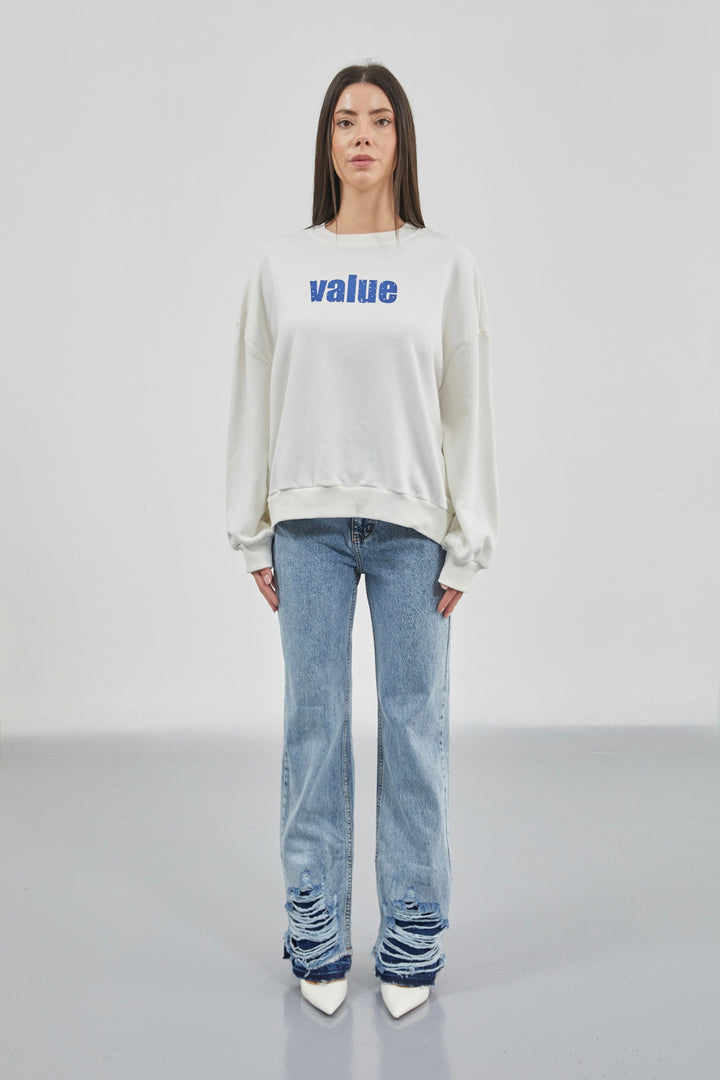 Printed Crew Neck Oversize Ecru Sweatshirt 