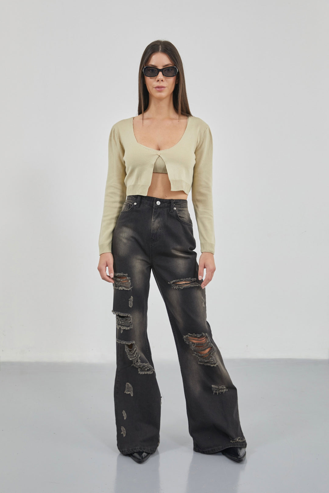 Laser Cut Wide Leg High Waist Black Jeans 