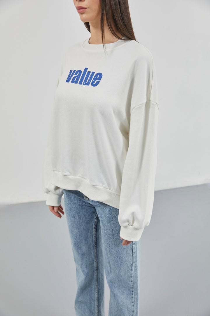 Printed Crew Neck Oversize Ecru Sweatshirt 