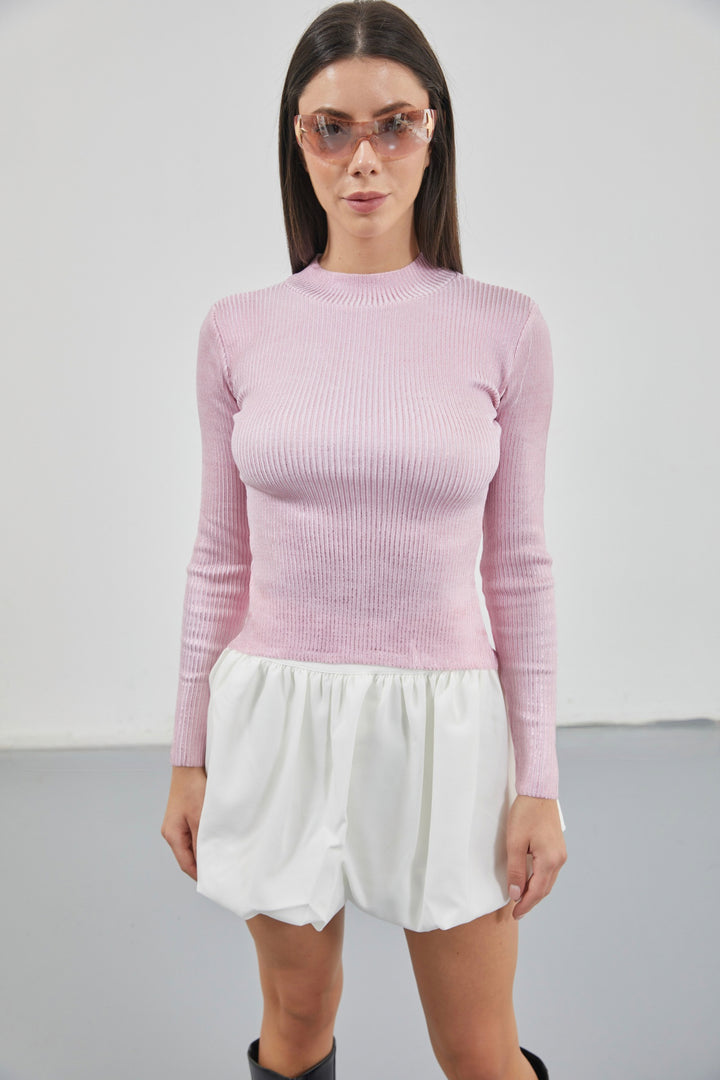 Balıkçı Yaka Metalik Pembe Triko Bluz