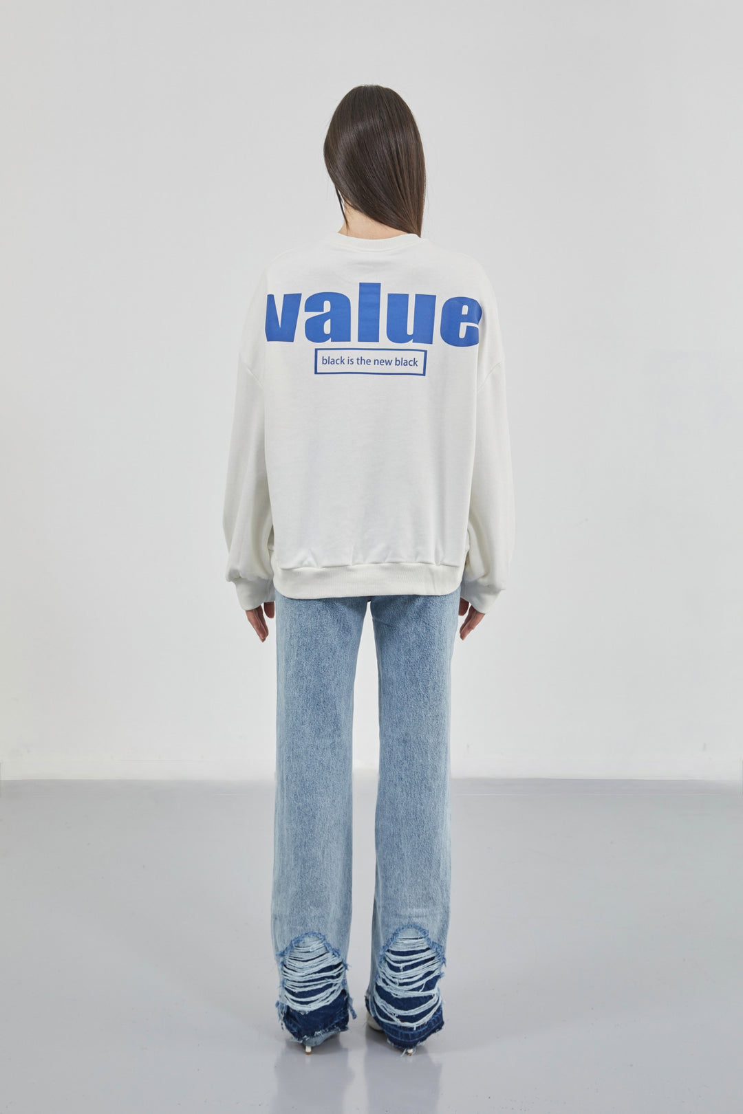 Printed Crew Neck Oversize Ecru Sweatshirt 