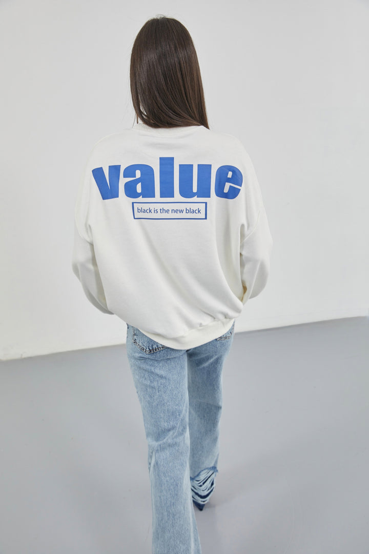 Printed Crew Neck Oversize Ecru Sweatshirt 