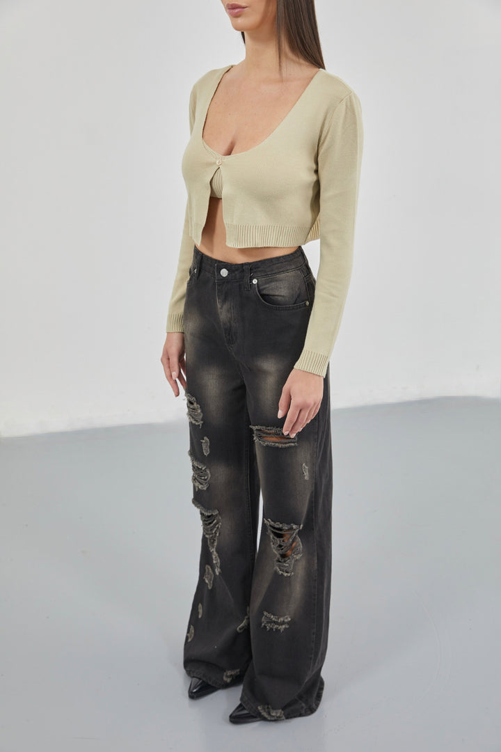 Laser Cut Wide Leg High Waist Black Jeans 