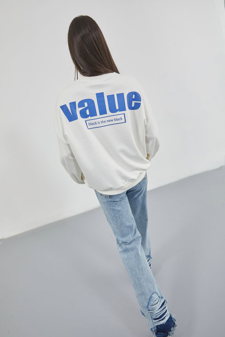 Printed Crew Neck Oversize Ecru Sweatshirt 
