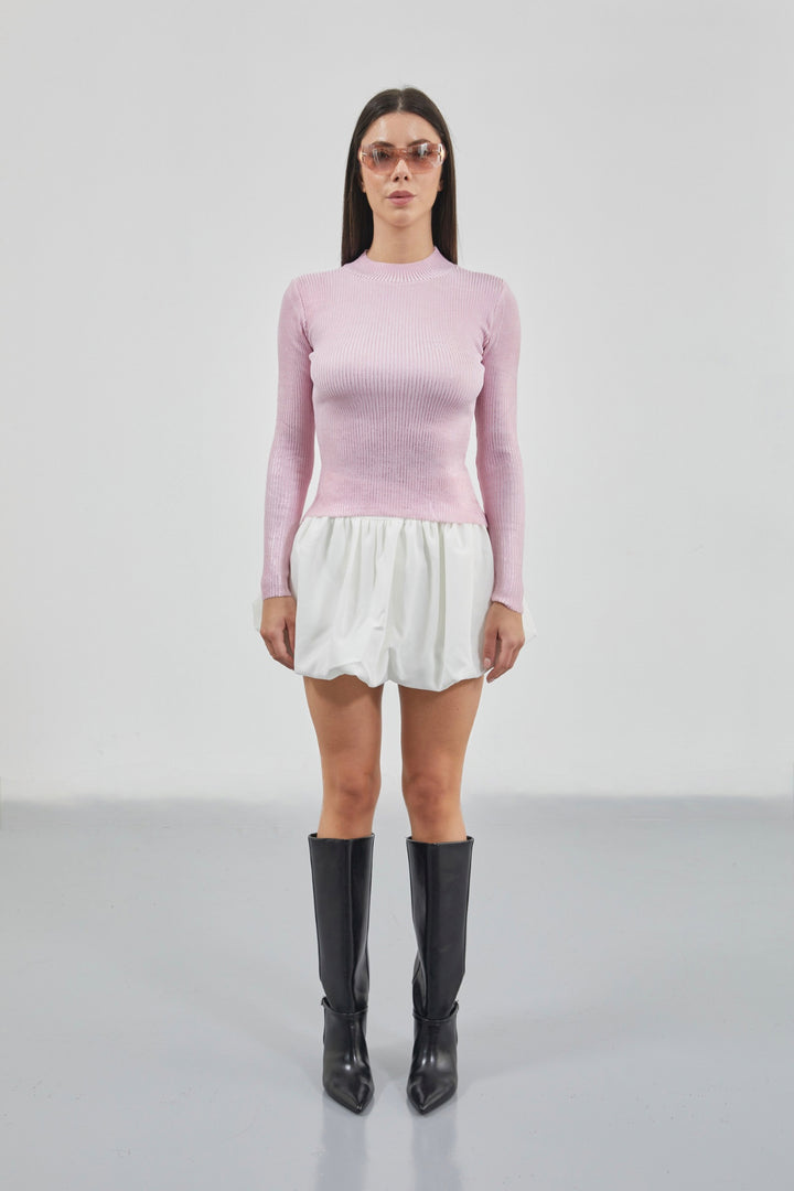 Balıkçı Yaka Metalik Pembe Triko Bluz