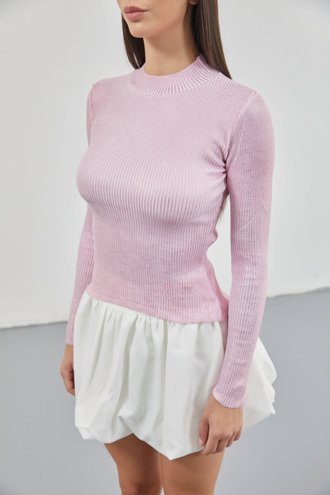 Balıkçı Yaka Metalik Pembe Triko Bluz