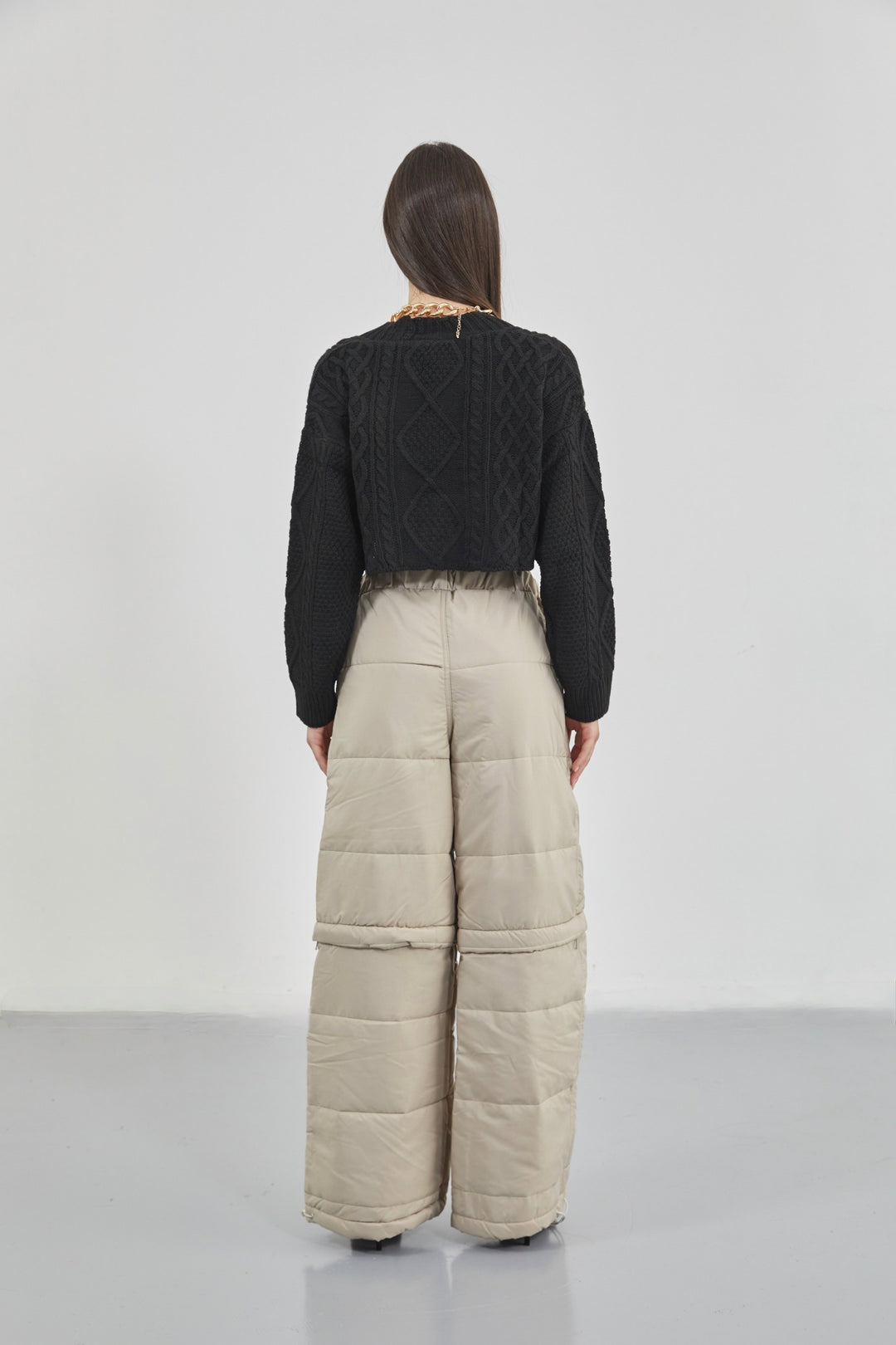 Zipper Detail Beige Quilted Trousers 