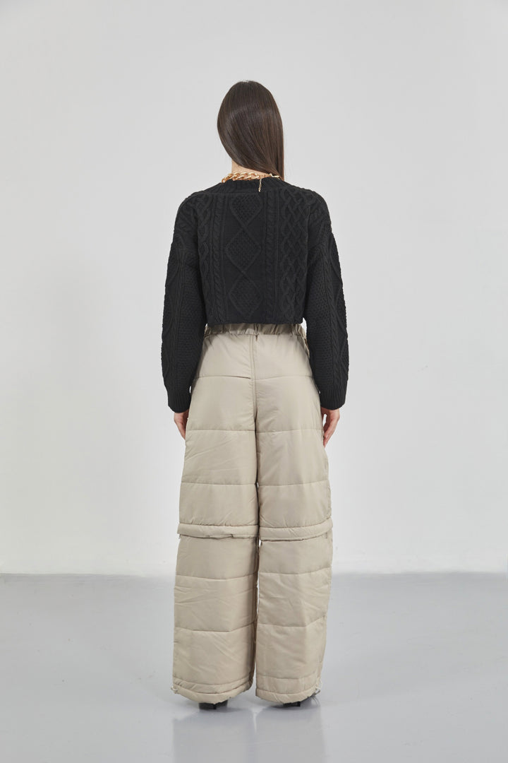 Zipper Detail Beige Quilted Trousers 