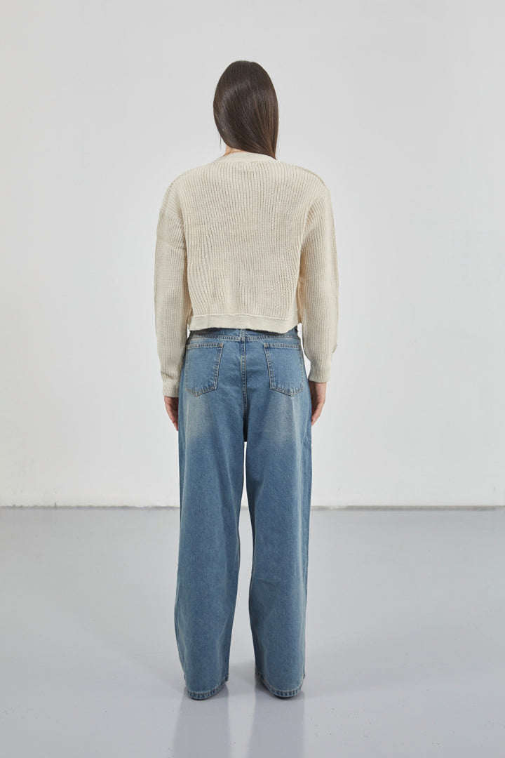 Crop Beige Knitted Cardigan with Piping 