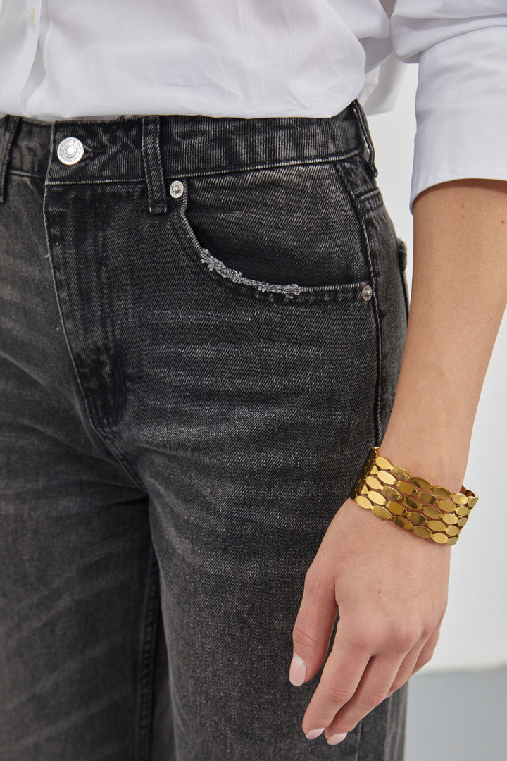 Stitch Detail Wide Leg Black Jeans 