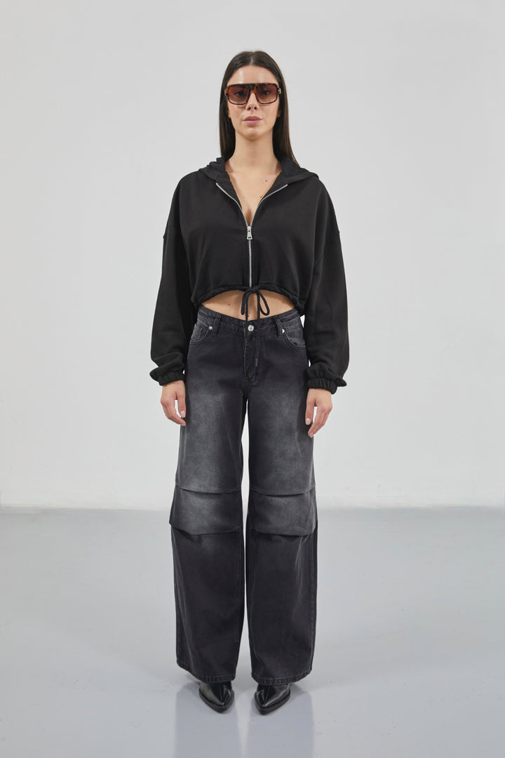 Beli Lastikli Fermuarlı Siyah Sweatshirt