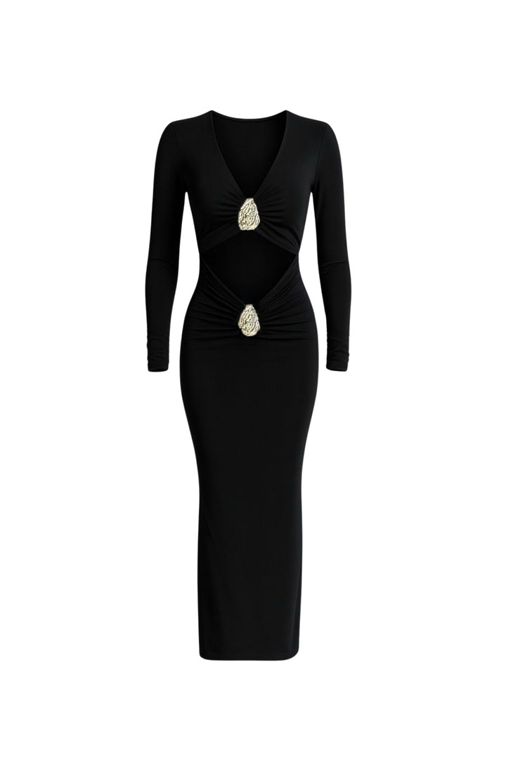 Aksesuar Detay Bel Dekolteli Maxi Siyah Elbise