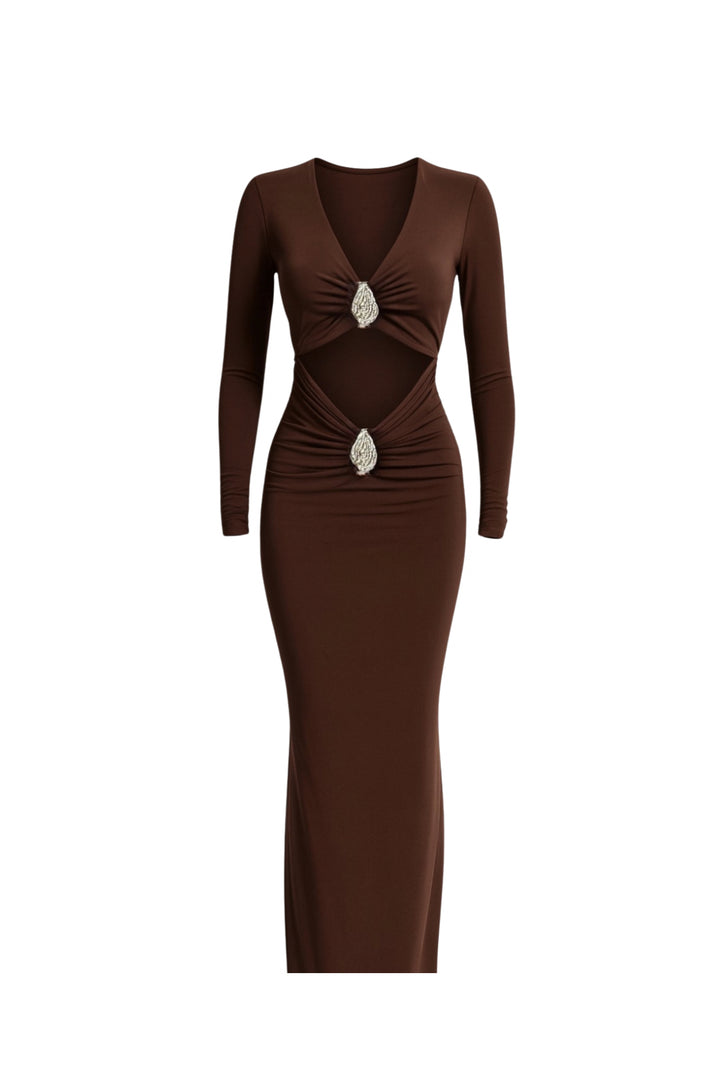 Aksesuar Detay Bel Dekolteli Maxi Kahverengi Elbise