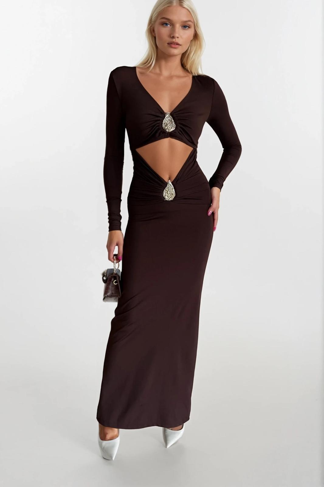 Aksesuar Detay Bel Dekolteli Maxi Kahverengi Elbise