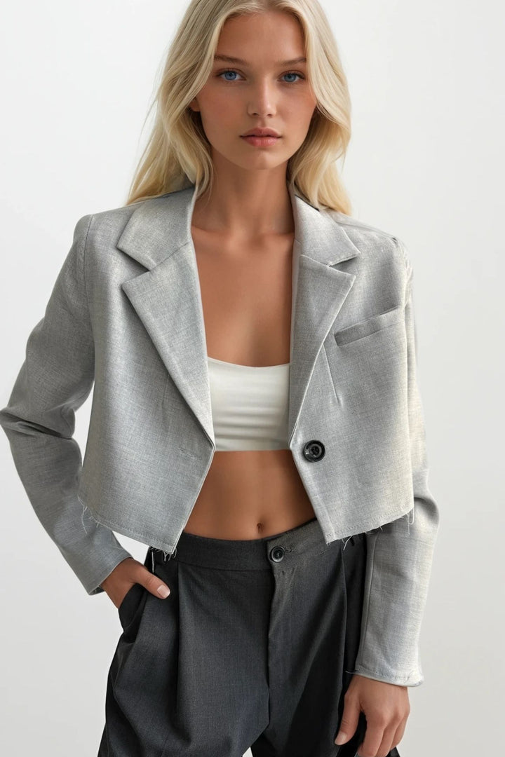 Crop Basic Blazer Gri Ceket