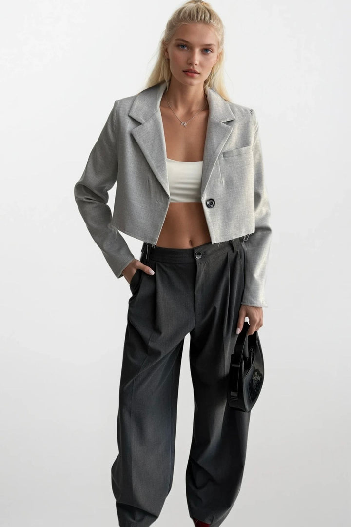 Crop Basic Blazer Gri Ceket