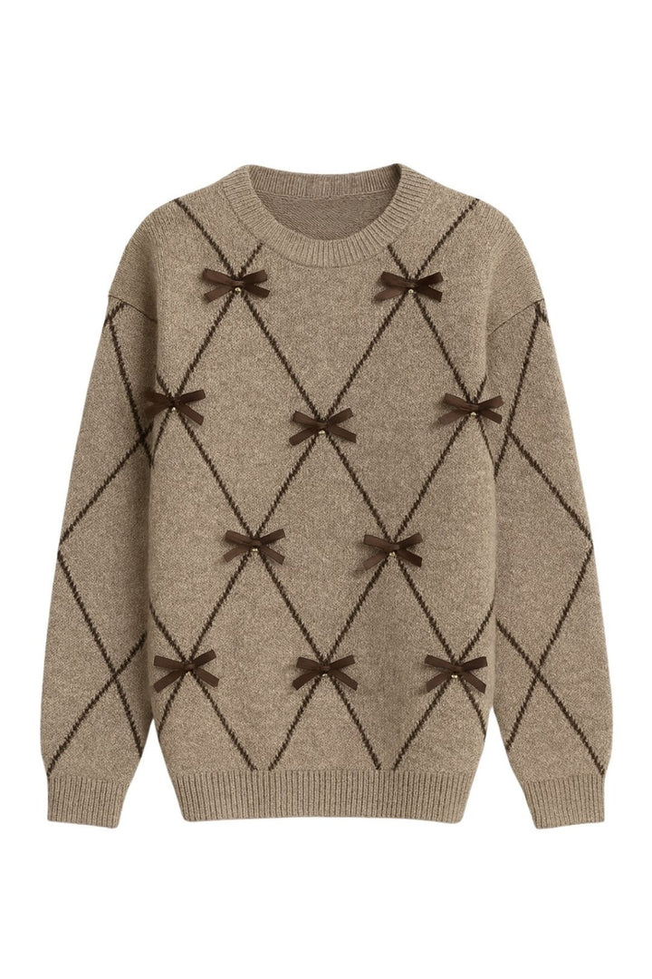 Baklava Desen Taş İşlemeli Fiyonklu Vizon Kazak