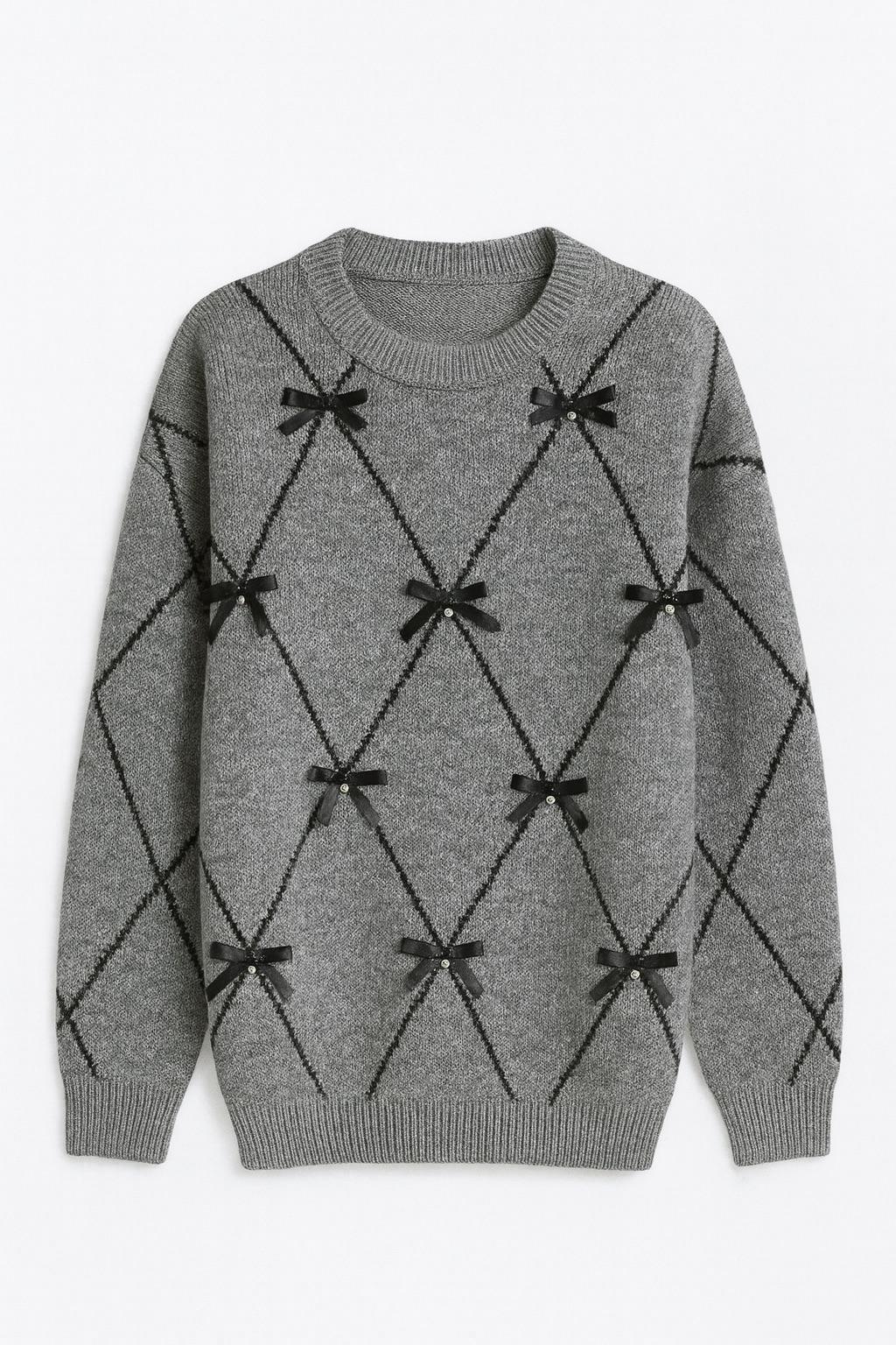 Baklava Desen Taş İşlemeli Fiyonklu Antrasit Kazak