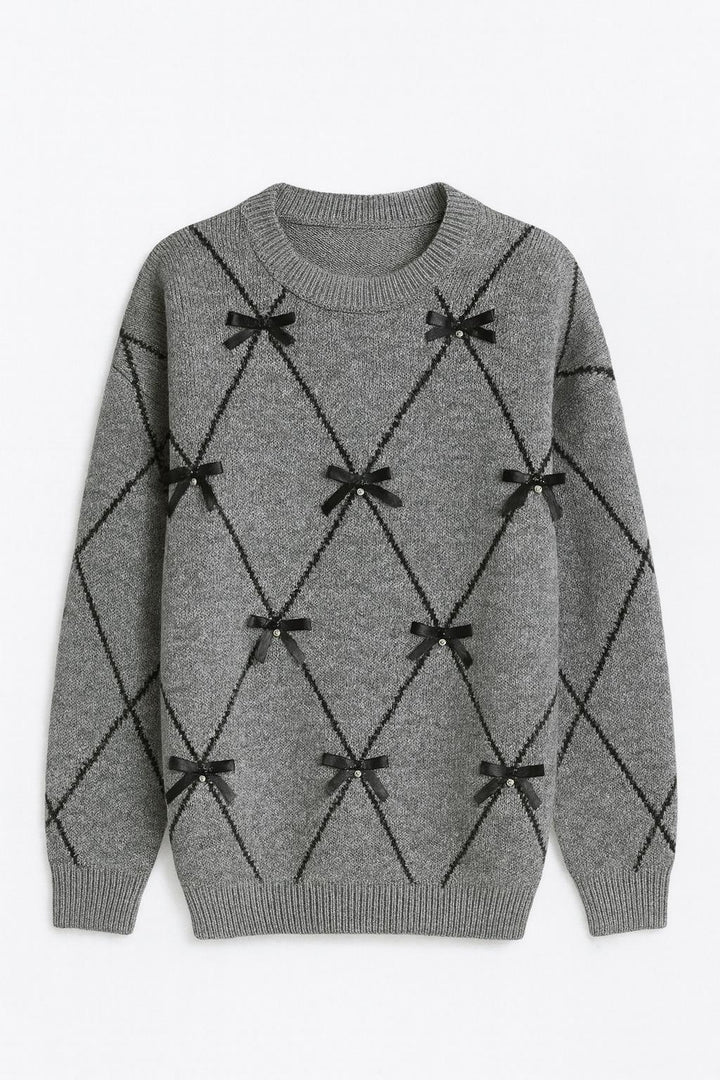 Baklava Desen Taş İşlemeli Fiyonklu Antrasit Kazak