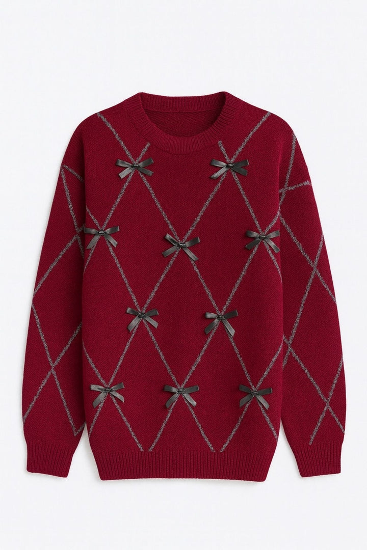 Baklava Desen Taş İşlemeli Fiyonklu Bordo Kazak