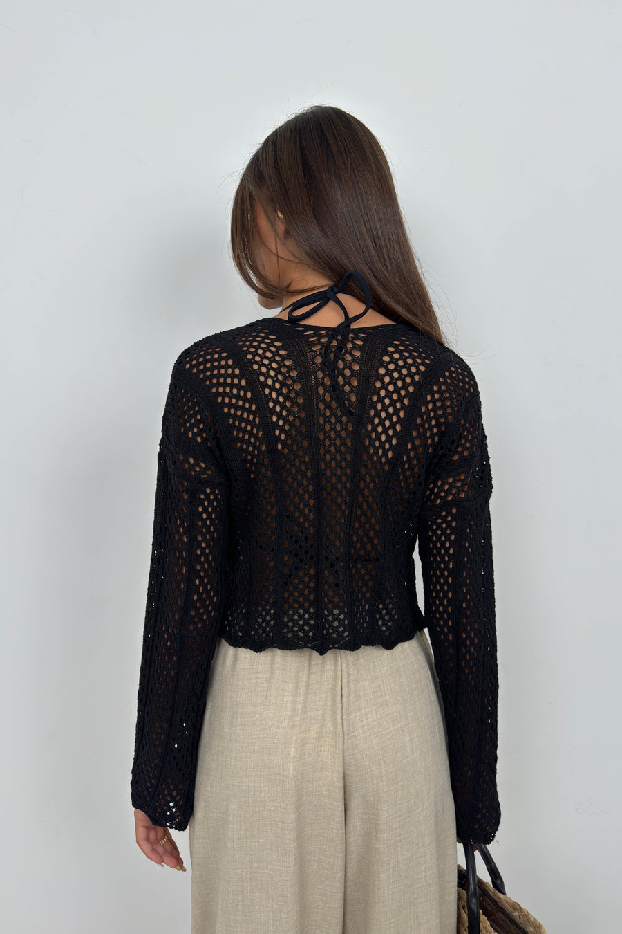 Openwork Pleated Black Knit Blouse 