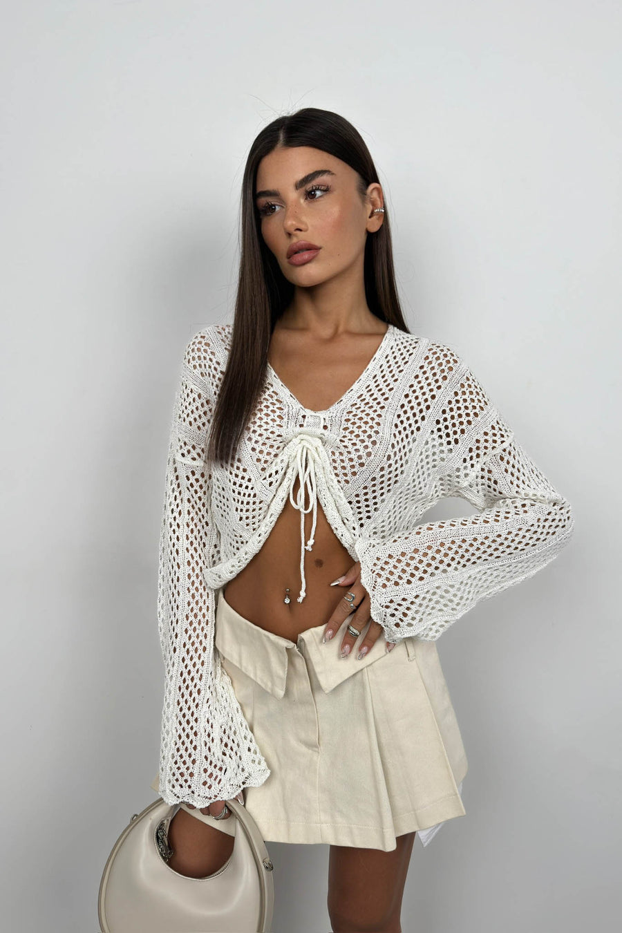 Openwork Pleated Ecru Knit Blouse 