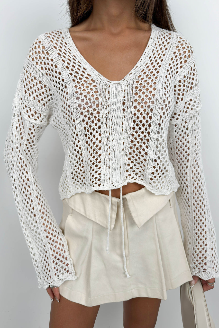 Openwork Pleated Ecru Knit Blouse 