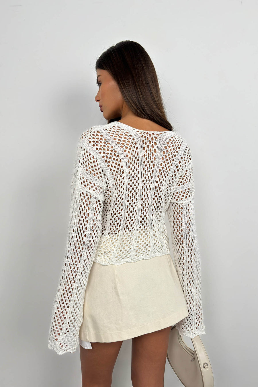 Openwork Pleated Ecru Knit Blouse 