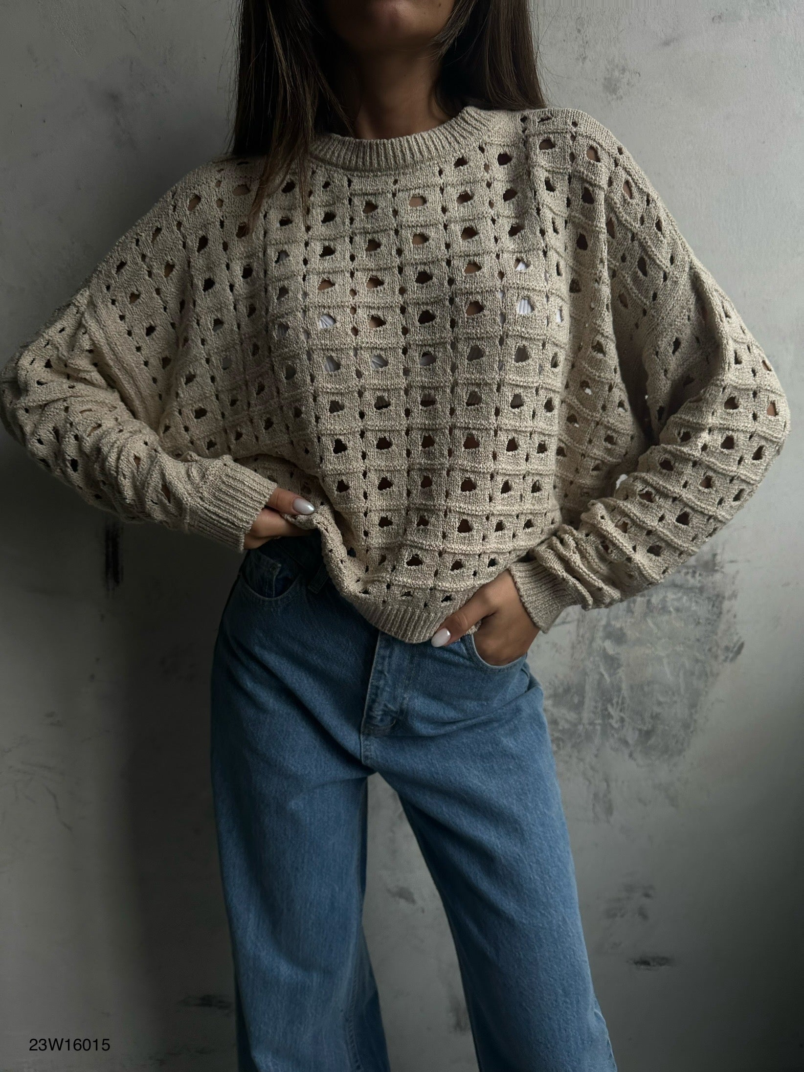 Openwork Crew Neck Beige Sweater 