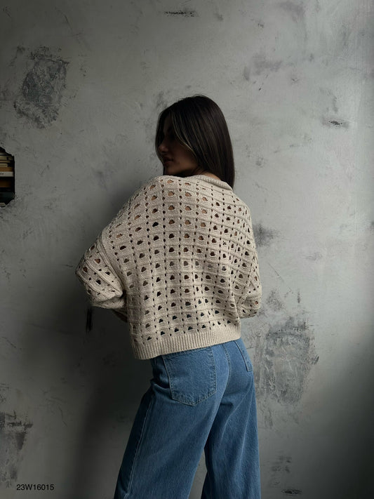 Openwork Crew Neck Beige Sweater 