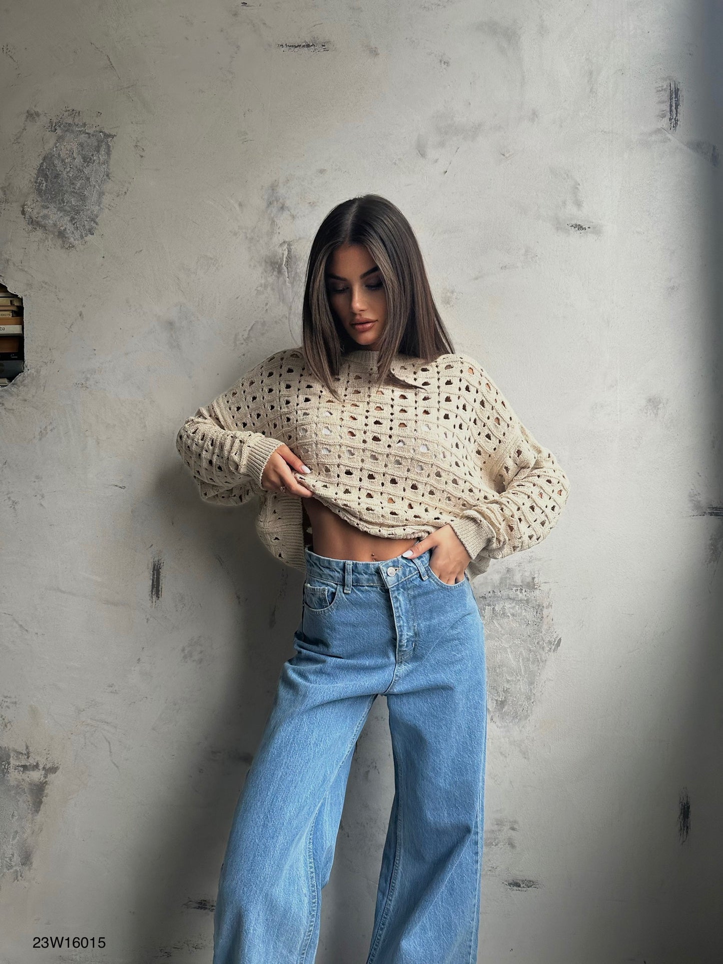 Openwork Crew Neck Beige Sweater 